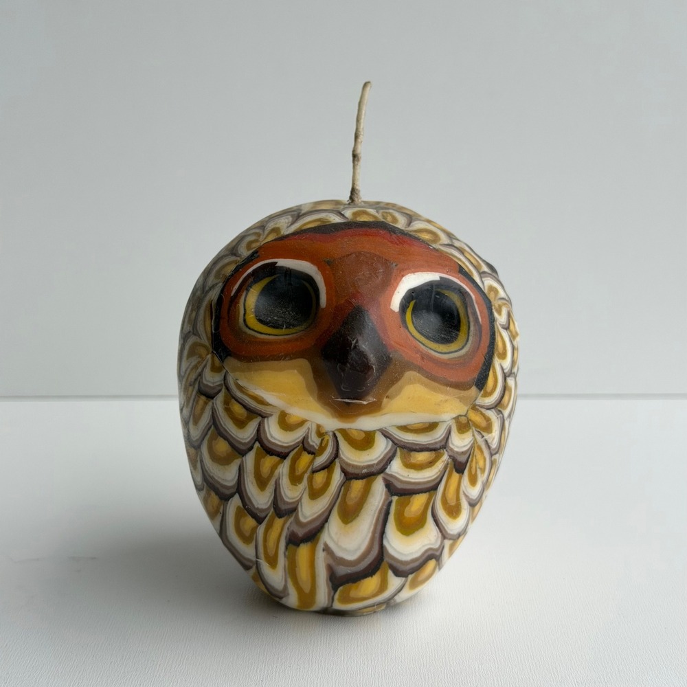 Vintage Handcrafted Owl Figurine Candle Small Brown Boho Wax Art Deco MCM